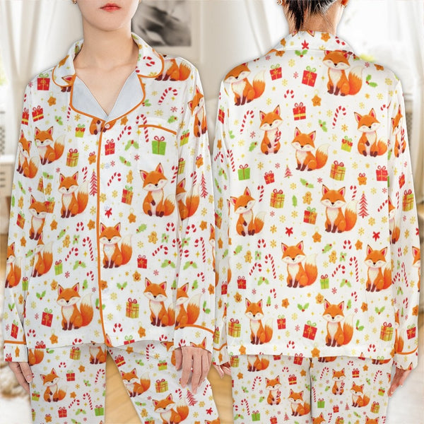 Woodland Animal Holiday Pajamas, Fox Christmas Satin Pajama Set, Festive Winter Pajamas, Adorable Fox Sleepwear Set, Comfy Ho