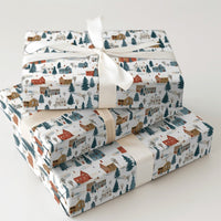Snowy Houses Pine Trees Gift Wrap, Winter Village Wrapping Paper, Watercolor Christmas Wrapping Paper, Holiday Season Gift Wrapping Paper