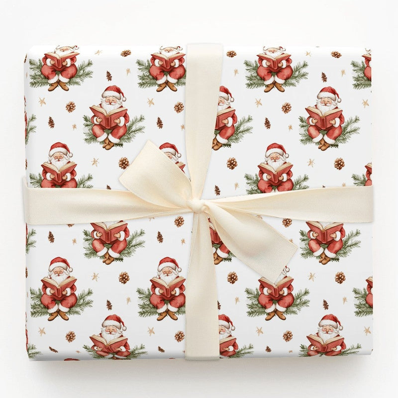 Book Lover Christmas Gift Wrap, Reading Santa Wrapping Paper, Vintage Watercolor Wrapping Paper, Pinecone Holiday Gift Wrap Roll