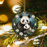 Mama and Baby Panda Ornament, Stained Glass Panda Christmas Ornament, Animal Lover Ceramic Ornament, Adorable Wildlife Holiday Tree Decor Present