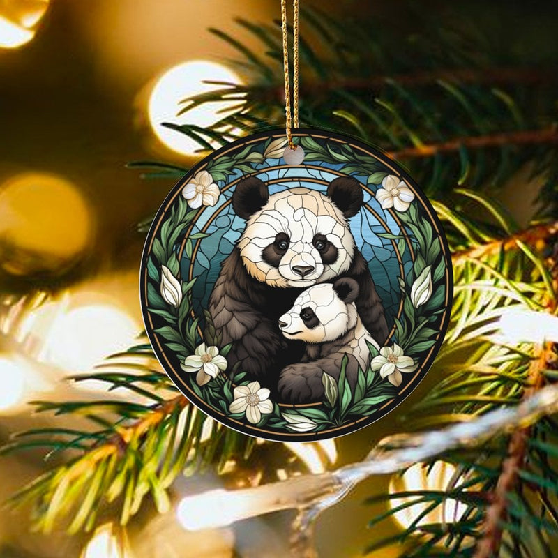 Mama and Baby Panda Ornament, Stained Glass Panda Christmas Ornament, Animal Lover Ceramic Ornament, Adorable Wildlife Holiday Tree Decor Present