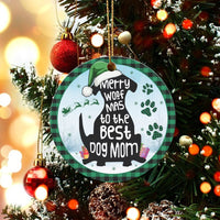 Green Plaid Dog Silhouette Ceramic Ornament, Merry Woof Mas Dog Mom Christmas Ornament, Pet Holiday Tree Ornament, Xmas Dog Lover Present