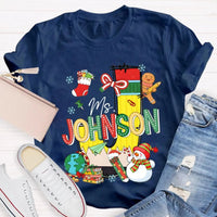 Custom Name Snowman Shirt, Personalized Christmas T-Shirt, Colorful Font Holiday Graphic Tee, Personalized Family Christmas T-Shirt Present