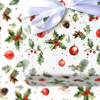 Christmas Ornament Gift Wrap, Watercolor Holly Berry Wrapping Paper, Pinecone Botanical Wrapping Paper