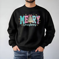 Pastel Checkered Tree Holiday Crewneck, Merry Christmas Sweatshirt, Adorable Aesthetic Xmas Sweater, Winter Holiday Pullover for Her