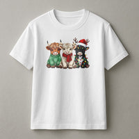 Adorable Farm Animal Holiday Shirt, Highland Cow Christmas T-Shirt, Festive Cow in Sweater Graphic Tee, Xmas Cow Lover T-Shirt, Winter Present Tee