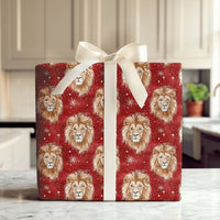 Red Snowflake Gift Wrap, Watercolor Lion Christmas Wrapping Paper, Wildlife Winter Holiday Wrapping Paper, Animal Lover Holiday Gift Wrap