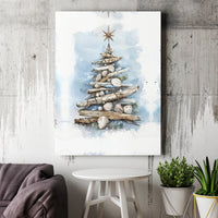 Driftwood Seashell Canvas Print, Coastal Christmas Tree Canvas Wall Art, Beachy Holiday Wall Decor, Nautical Christmas Canvas, Xmas Present