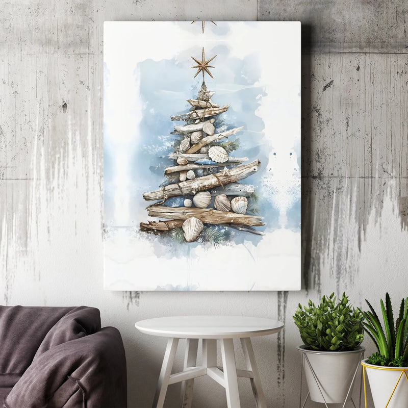 Driftwood Seashell Canvas Print, Coastal Christmas Tree Canvas Wall Art, Beachy Holiday Wall Decor, Nautical Christmas Canvas, Xmas Present