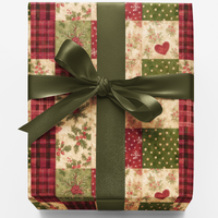 Patchwork Holiday Gift Wrap, Rustic Heart and Holly Wrapping Paper, Plaid Christmas Wrapping Paper, Quilt Pattern Gift Wrap Roll
