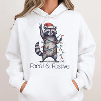 Humorous Christmas Animal Graphic Sweatshirt, Feral and Festive Raccoon Hoodie, Adorable Trash Panda Holiday Pullover, Retro Xmas Hoodie