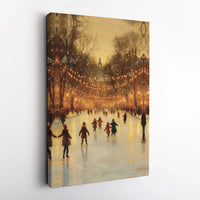 Whimsical Night Park Fairy Lights Decor, Winter Ice Skating Canvas Art, Festive Christmas Canvas Print, Comfy Holiday Wall Decor Present