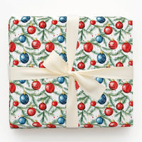 Watercolor Pine Christmas Gift Wrap, Red and Blue Ornament Wrapping Paper, Festive Bauble Wrapping Paper, Holiday Present Wrapping Paper