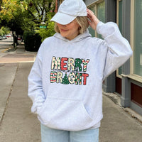 Festive Christmas Pattern Sweatshirt, Merry and Bright Hoodie, Holiday Season Graphic Pullover, Comfy Winter Xmas Present for Her