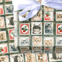 Vintage Pet Holiday Gift Wrap, Christmas Cat Postage Stamp Wrapping Paper, Adorable Watercolor Cat Wrapping Paper, Festive Cat Lover Gift Wrap