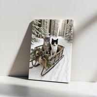 Snowy Forest Cat Wall Art, Winter Cats in Sled Canvas, Rustic Christmas Cat Canvas Print, Tuxedo Tabby Cat Wall Decor