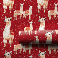 Watercolor Holiday Gift Wrap, Red Christmas Llama Wrapping Paper, Snowy Winter Present Paper, Adorable Animal Wrapping Paper