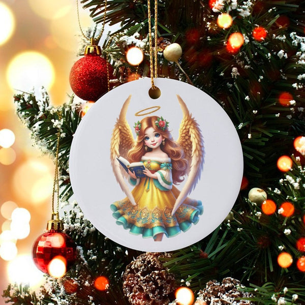 Golden Wings Angel Ornament, Angel Reading Book Christmas Ornament, Religious Angel Ceramic Ornament, Heavenly Holiday Tree P