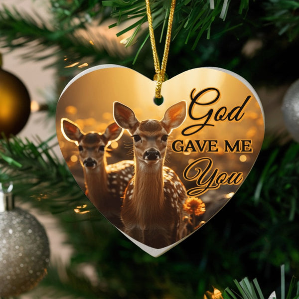 Two Fawns Deer Heart Ornament, God Gave Me You Heart Ornament, Ceramic Couples Christmas Heart Ornament, Romantic Holiday Tre