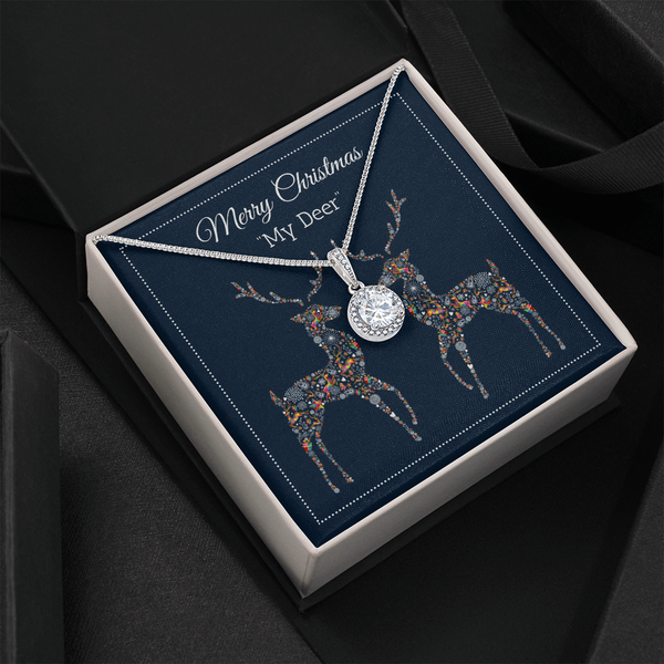 Cubic Zirconia Pendant Necklace, Merry Christmas My Deer Necklace, White Gold Over Stainless Steel Romantic Holiday Present J