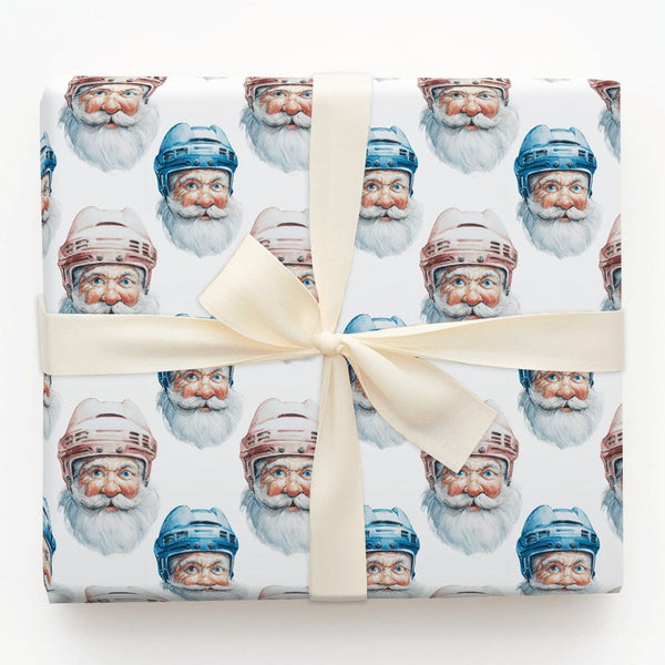 Watercolor Christmas Gift Wrap, Hockey Helmet Santa Wrapping Paper, Sports Holiday Paper, Festive Present Wrapping Paper, Hoc