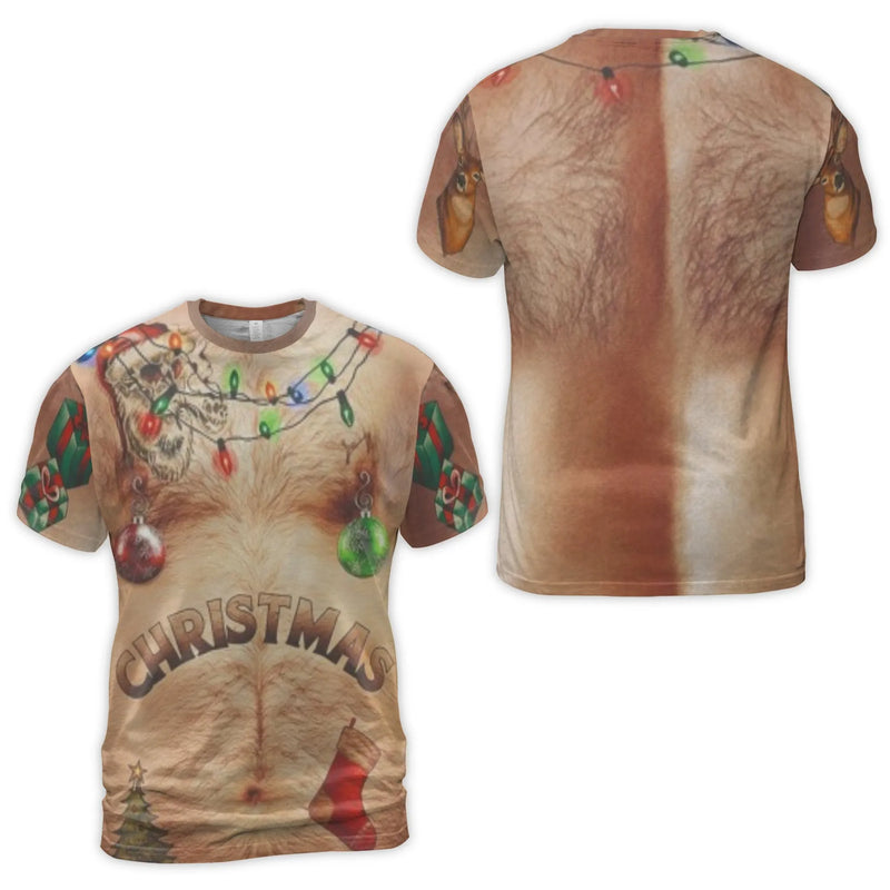 Ugly Xmas Sweater Graphic Shirt, Humorous Hairy Chest Christmas T-Shirt, Holiday Gag Present Tee, Novelty Party Chest Hair Shirt, Mens Xmas Present