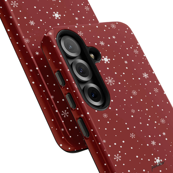 Christmas Snow Pattern Samsung Galaxy Case, Red Snowflake Polka Dot Phone Case, Dual-Layer Festive Tough Phone Cover, Holiday