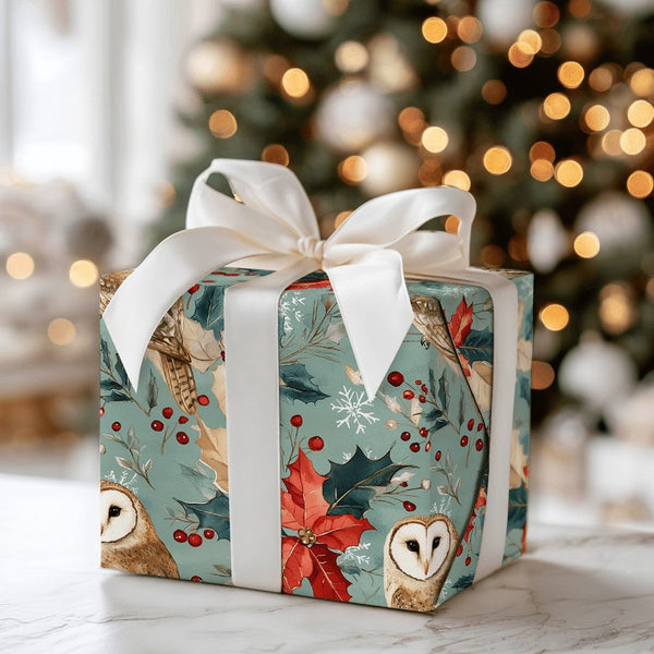 Rustic Poinsettia Owl Gift Wrap, Barn Owl Christmas Wrapping Paper, Woodland Botanical Wrapping Paper, Vintage Holiday Gift W