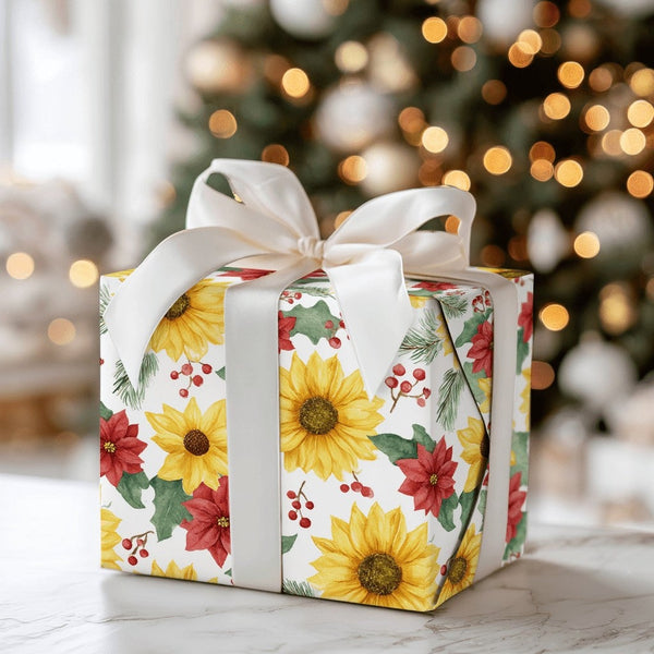 Floral Christmas Gift Wrap, Sunflower Poinsettia Wrapping Paper, Watercolor Botanical Wrapping Paper, Winter Floral Holiday W