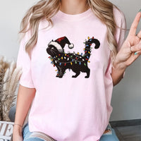 Humorous Holiday Kitten Graphic Tee, Black Cat Christmas Lights T-Shirt, Xmas Cat Lover Shirt, Adorable Christmas Pet Owner Present