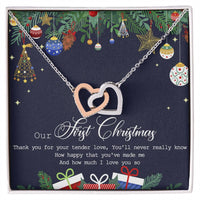 Couple Heart Pendant, Our First Christmas Interlocking Hearts Necklace, Romantic Christmas Present for Wife or Girlfriend, Double Heart Jewelry