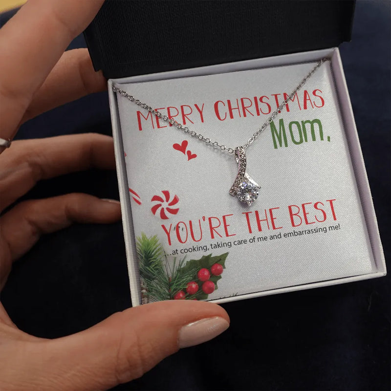 Cubic Zirconia Ribbon Pendant, Mom Christmas Ribbon Necklace, 14k White Gold Ribbon Necklace, Thoughtful Mother Holiday Jewelry, Xmas Present