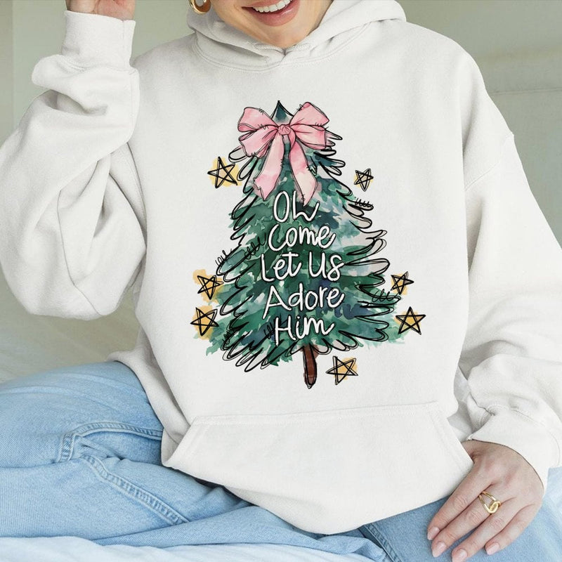 Coquette Christmas Tree Hoodie, Oh Come Let Us Adore Him Hoodie, Religious Christian Sweatshirt, Faith Holiday Hoodie, Xmas Present for Her