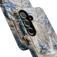Snowy Forest Phone Case, Winter Wonderland iPhone Case, Gold Swirl Magical Dual Layer Tough Cover, Christmas Holiday Present for Her