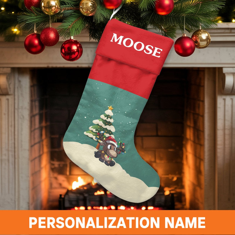 Cartoon Moose Lights Holiday Stocking, Personalized Moose Christmas Stocking, Velboa Kids Christmas Stocking, Custom Xmas Decor