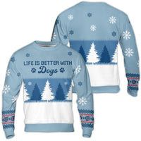 Winter Forest Paw Print Christmas Sweater, Life Is Better with Dogs Ugly Sweater, Dog Lover Holiday Crewneck, Adorable Pet Xmas Present