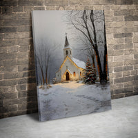 Snowy Lit Tree Holiday Wall Art, Winter Christmas Church Canvas Print, Rustic Country Church Scene, Festive Canvas Decor