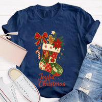 Retro Festive Pattern Tee, Christmas Bows and Holiday Socks Shirt, Adorable Christmas Graphic T-Shirt, Comfy Winter Holiday Present