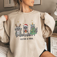 Humorous Trash Panda Christmas Sweater, Festive and Feral Raccoon Sweatshirt, Holiday Raccoon Crewneck Pullover, Animal Lover Xmas Sweatshirt