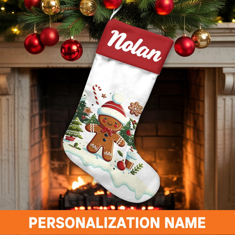 Custom Name Gingerbread Holiday Stocking, Personalized Gingerbread Christmas Stocking, Adorable Xmas Cookie Stocking, Kids Family Holiday Present