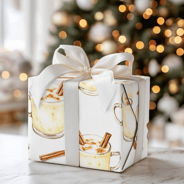 Comfy Holiday Drink Gift Wrap, Eggnog Christmas Wrapping Paper, Cinnamon Eggnog Mug Wrapping Paper, Winter Spiced Christmas W