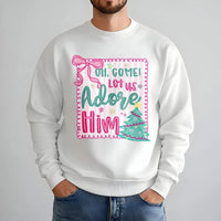 Pink Coquette Christmas Crewneck, Oh Come Let Us Adore Him Sweatshirt, Nativity Christian Holiday Sweater, Girly Xmas Bow Pullover