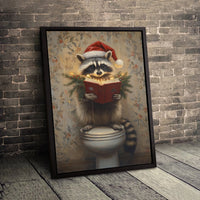 Humorous Santa Hat Animal Reading Poster, Christmas Raccoon Bathroom Wall Art Digital Download, Toilet Humor Holiday Print, Bath Decor