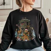 Humorous Deer Hunter Sweatshirt, Gingerbread Man Hunting Sweatshirt, Christmas Cabin Scene Pullover, Holiday Hunting Sweatshirt, Hunter Present