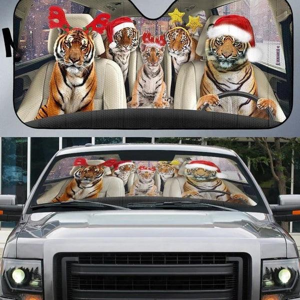 Holiday Animal Windshield Cover, Tiger Family Christmas Car Sunshade, Festive Auto Sun Shade, Xmas Tiger Car Decor, Winter Ca