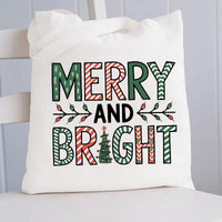 Holiday Winter Tote Bag, Merry and Bright Christmas Tree Canvas Tote Bag, Adorable Xmas Reusable Grocery Tote, Casual Daily Bag, Present for Women