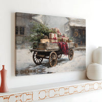 Rustic Winter Wagon Holiday Wall Art, Vintage Farmhouse Christmas Snow Canvas Art, Festive Snow Scene Decor, Holiday Farmhouse Canvas Print