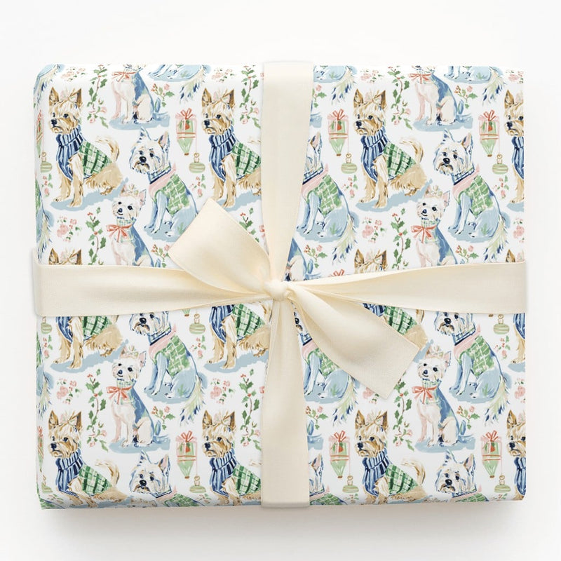 Watercolor Yorkie and Westie Holiday Gift Wrap, Dog Christmas Wrapping Paper, Puppy Dog Lover Present Paper, 90 GSM Fine Art Wrap Roll