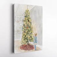 Child in Pajamas Holiday Wall Art, Christmas Tree Watercolor Canvas Print, Christmas Nursery Canvas Decor, Holiday Canvas, Digital Download