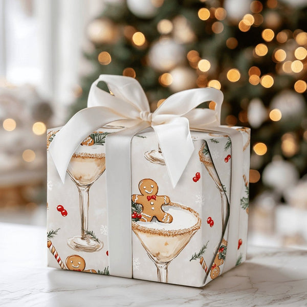 Holiday Cocktail Gift Wrap, Gingerbread Man Martini Wrapping Paper, Adorable Gingerbread Christmas Wrapping Paper, Festive Sn